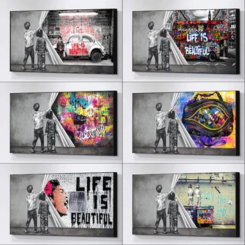Banksy graffiti menas už užuolaidos drobės paveikslai Plakatai ir spaudiniai Sienų meno paveikslėliai svetainei Namų dekoras Cuadros