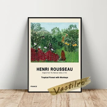 Henri Rousseau parodos plakatas, atogrąžų miškas su beždžionių aliejine tapyba, senovinių gyvūnų augalų sienų menas, Rousseau meno spaudiniai