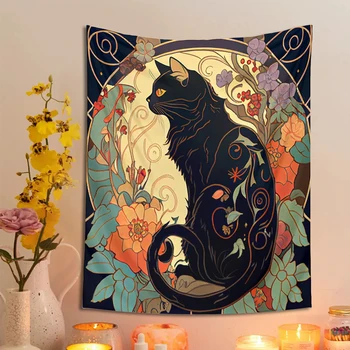Psichodelinis juodos katės gobelenas Siena Kabanti rožė ir saulės spindulys Art Nouveau gėlių sienos menas Gyvūnų kačių mylėtojų dovanų namų dekoras
