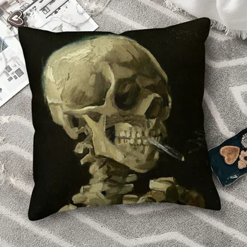 Vincento skeleto kaukolė su degančiomis cigaretėmis Apkabinkite pagalvės užvalkalą Van Gogo kuprinė Cojines sofa 